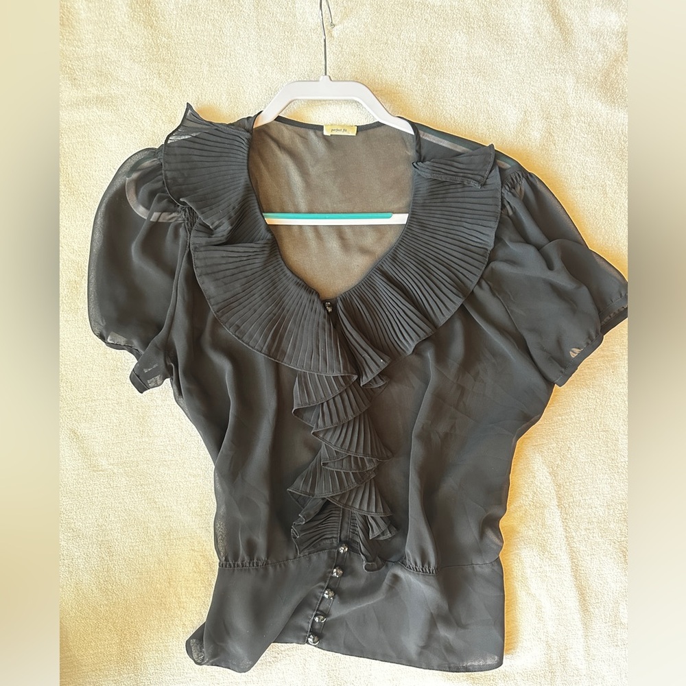 Sheer Black Pleated-Ruffle Blouse– Size M